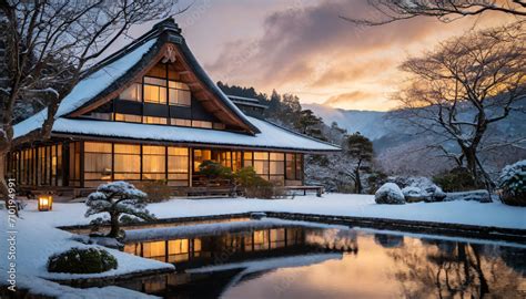 Serenity At Sunset Traditional Japanese House With A Dark Onsen