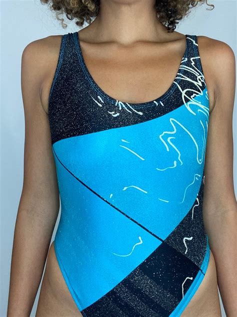 80s Leotard 1980s Teal Black And Metallic Gold One… Gem