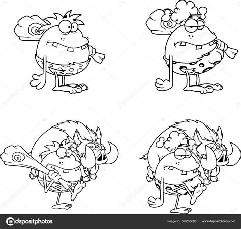 Outlined Caveman Cartoon Characters Vector Hand Drawn Collection Set