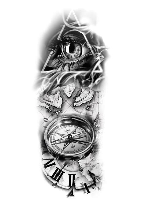 Eye Compass Map Clock Tattoo Design Realistic Tattoo Sleeve Tattoo Black And Gray Tattoo