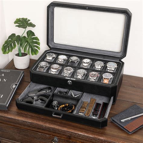 Rothwell 12 Slot Watch Box With Valet Drawer Black Grey Blacklist