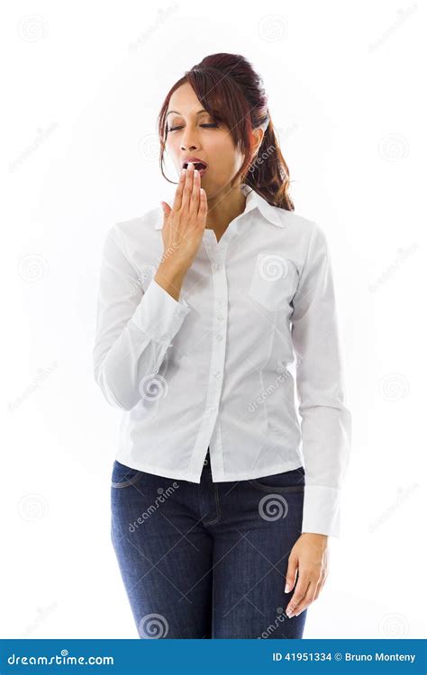 Indian Young Woman Yawning With Hand Over Mouth Stock Photo Image Of