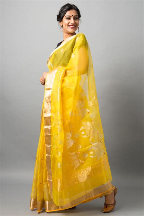 Katan Silk Golden Yellow With Beautiful Dancing Swan Motifs In Gold