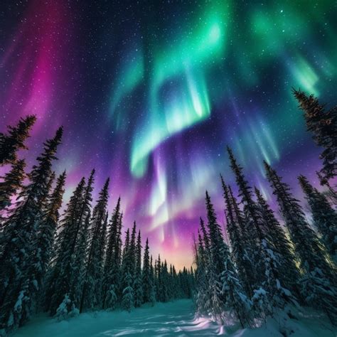 Uma Aurora De Cores Vivas Ilumina O C U Sobre Uma Floresta Nevada