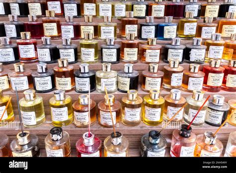 Fragrances sold in cans jars in istanbul Turkey. Fragrance shelf with ...