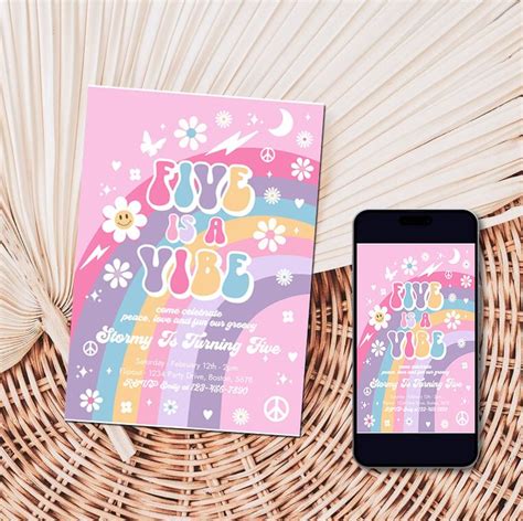 Editable Five Is A Vibe Groovy Th Birthday Party Invitation Pink