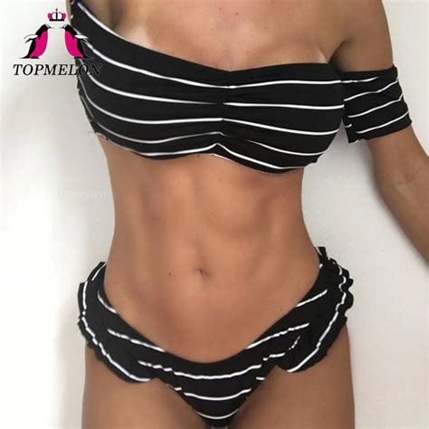 Topmelon 2018 Sexy Swimsuit Strapless Black Striped Bikini Set Biquini