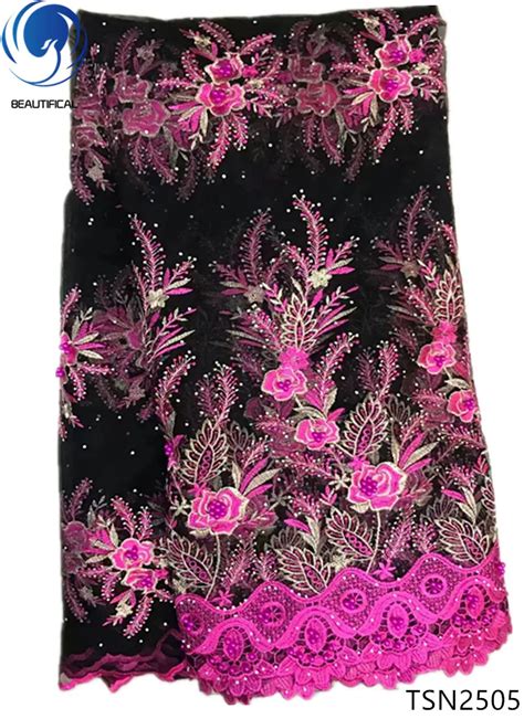 Beautifical African Mesh Lace Fabric French Black Lace Fabric With Pink