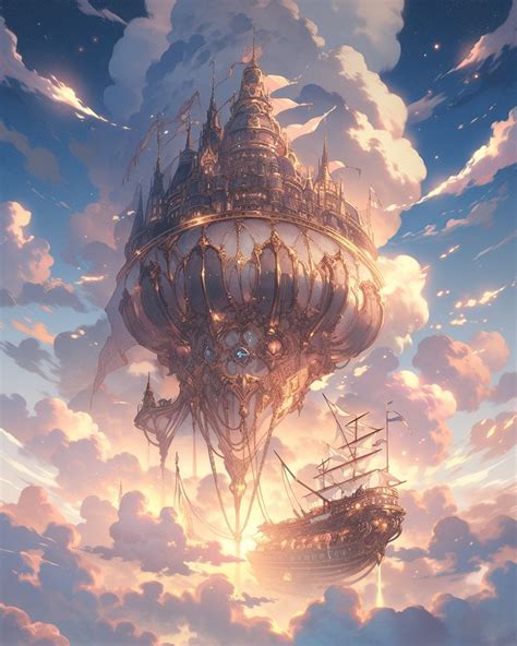 A Floating Steampunk Citadel And An Airship Niji Steampunk Airship