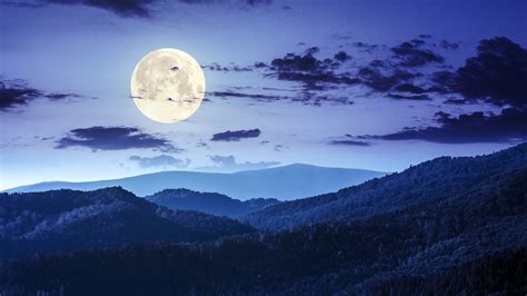 Mountain Landscape Under Dark Sky With Full Moon During Nighttime 4k Hd