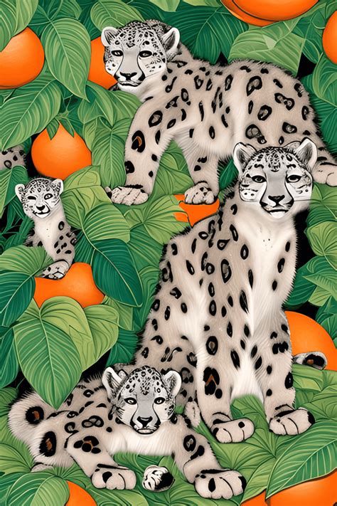 Beautiful Snow Leopard Family in Orange Frame · Creative Fabrica