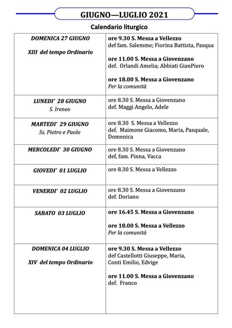 Calendario Liturgico Dal Giugno Al Luglio