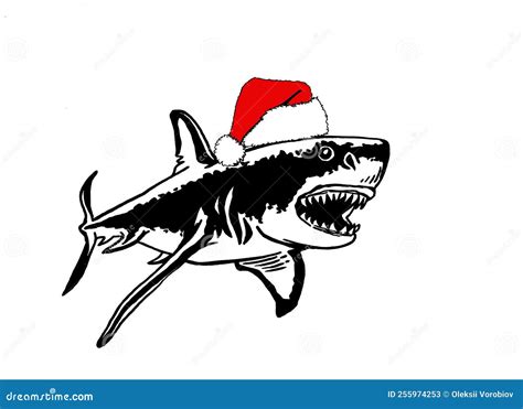 Graphical Drawing Of Great Shark In Santa Claus Hat Isolated On White