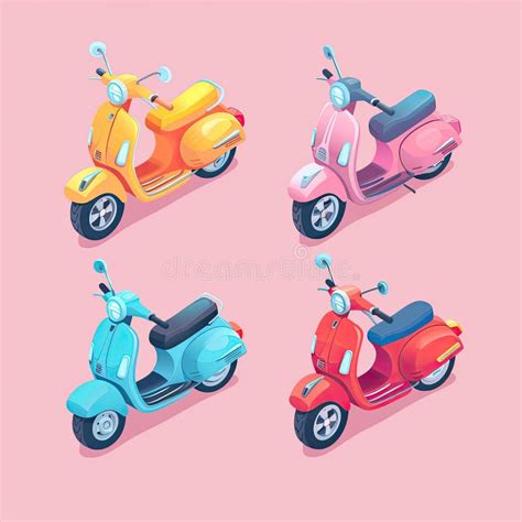 Four Variously Colored Scooters On A Pink Backdrop Stock Illustration Illustration Of Travel