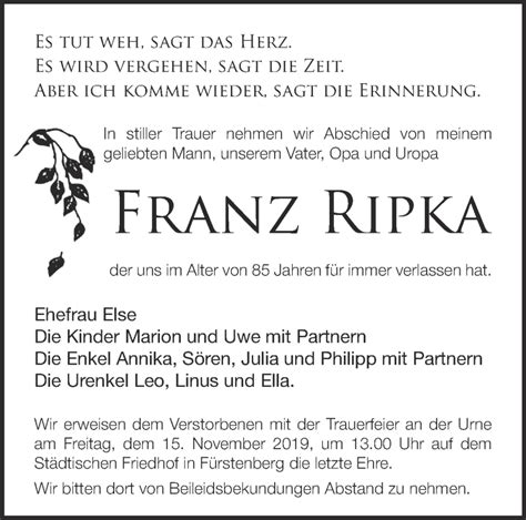 Traueranzeigen von Franz Ripka Märkische Onlinezeitung Trauerportal