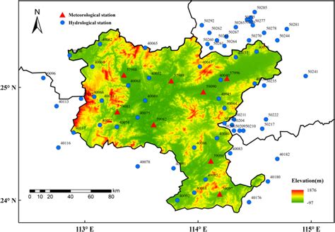 Elevation map of Shaoguan City, and locations of the rain gauge ...