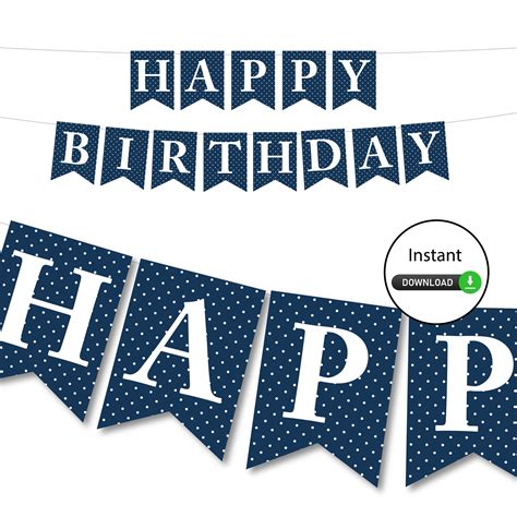 Navy And White Polka Dot Happy Birthday Banner Digital Etsy