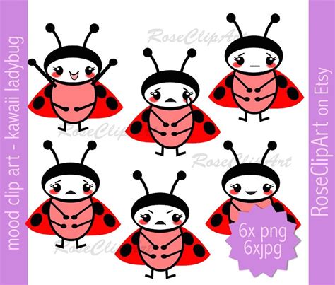 Cute Emotion Clip Art Ladybug Clipart Instant Download 6x Kawaii Mood Png Commercial Use Allowed