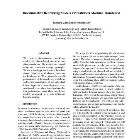 Discriminative Reordering Models For Statistical Machine Translation