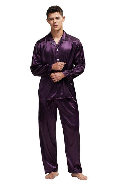 Mens Silk Satin Pajama Set Long Sleeve Dark Purple With Black Piping