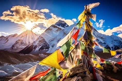 Premium AI Image | Mount Everest and Nuptse with Prayer Flags