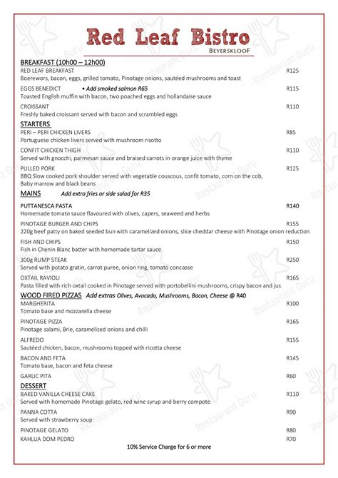 Menu at Beyerskloof Wines pub & bar, Stellenbosch, Koelenhof Street