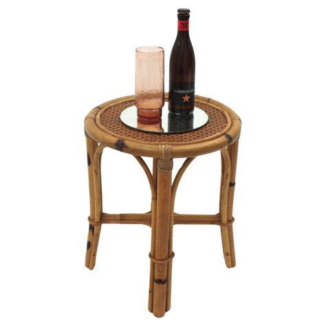 Spanish Rattan Round Stool Side Table With Cane Top S For Sale