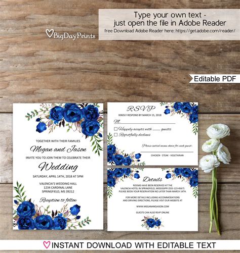 Blue Wedding Invitation Template Royal Blue Wedding Invitation Boho