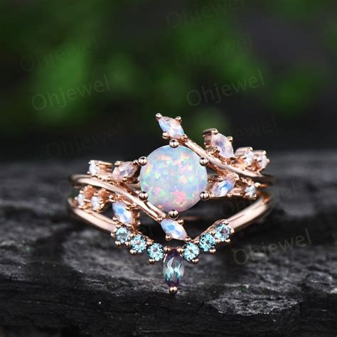 Ct Round White Opal Engagement Ring Leaf Cluster Rose Gold Marquise