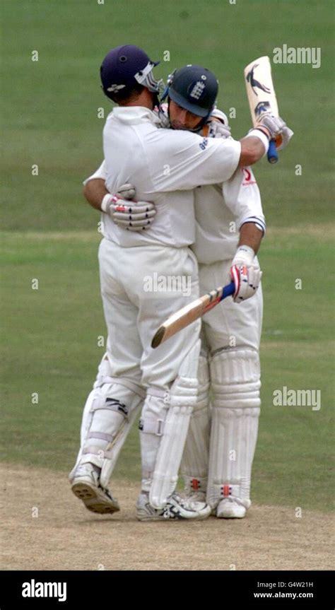 England Captain Nasser Hussain Is Hugged By Alec Stewart After Hussain