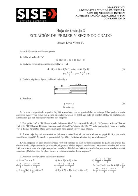 Ht Sise Mat Comercial Ecuaci N De Primer Grado Y Ecuaci N De Segundo