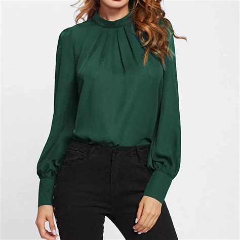 Stand Collar Chiffon Workwear Tops Office Ladies Long Sleeve Pleated