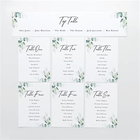 printed table plan cards dreamy eucalyptus bespoke