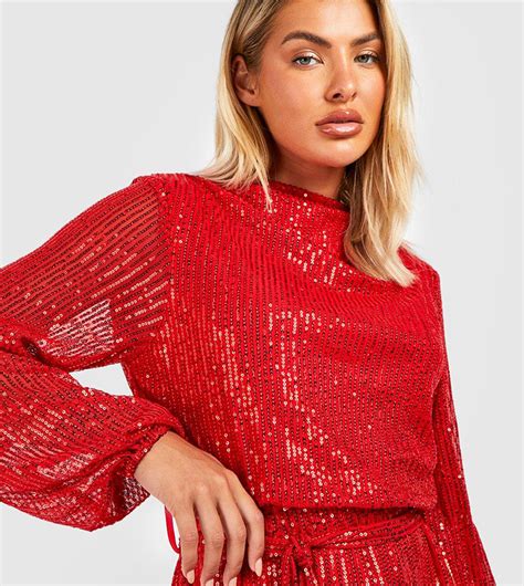 Buy Boohoo Sequin Cowl Neck Belted Skater Party Dress In Red