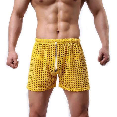 Summer Men Mesh Fishnet Hollow Out Trunks Sexy Breathable Beach Shorts