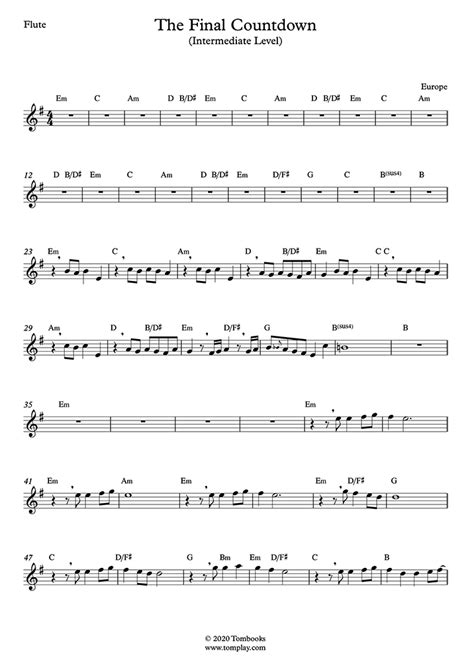 The Final Countdown Intermediate Level Europe Flute Sheet Music