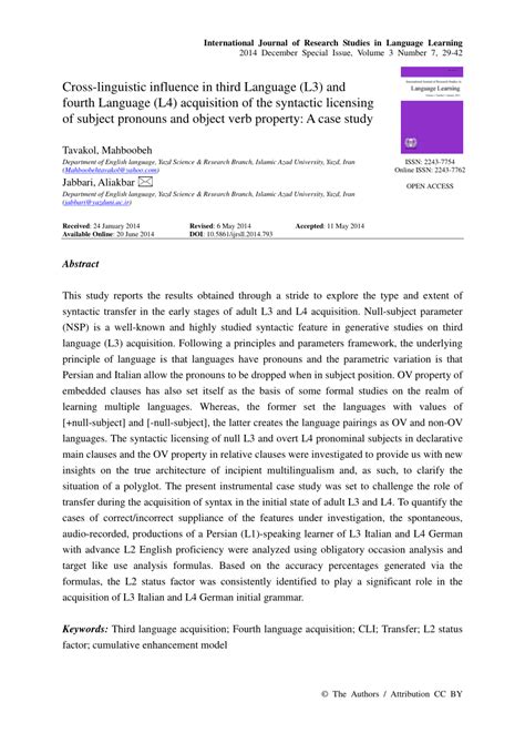 Pdf Cross Linguistic Influence In Third Language L3 And Fourth