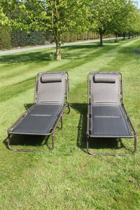 Set Of Luxury Padded Lay Flat Garden Sun Loungers In Brown Tweed