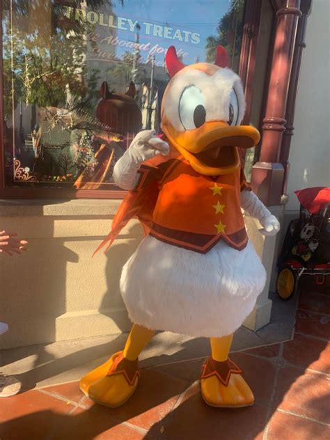 The Donald Duck Mascot Is Standing In Front Of A Store