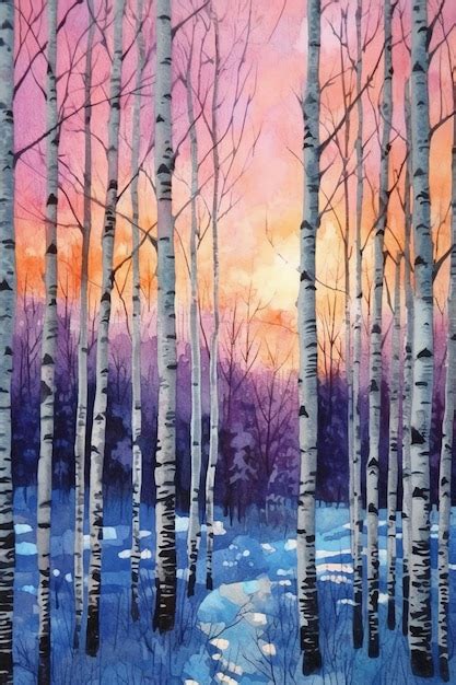 A painting of a forest with a sunset in the background. | Premium AI ...