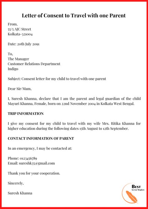 Letter Of Consent To Travel Free Sample With Examples