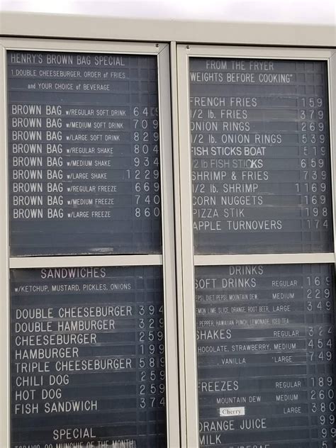 Menu at Henry's Hamburgers fast food, Benton Harbor