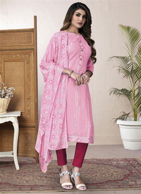 Shop Pink Embroidered Cotton Salwar Suit Online