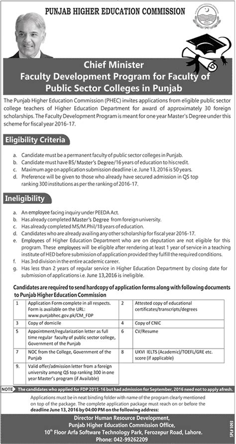 Chief Minister Punjab Colleges Faculty Development Program 2016 Application Form