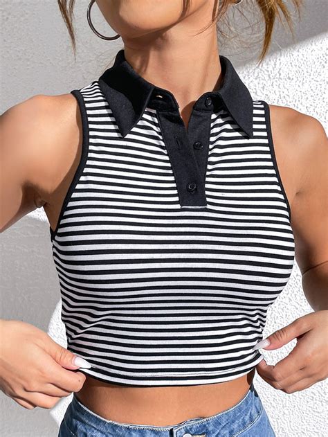 SHEIN EZwear Striped Print Polo Neck Crop Tank Top Ropa Confección