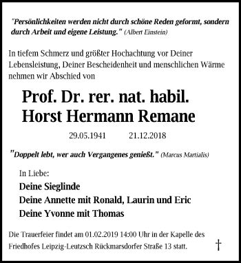 Traueranzeigen Von Horst Hermann Remane Trauer Anzeigen De