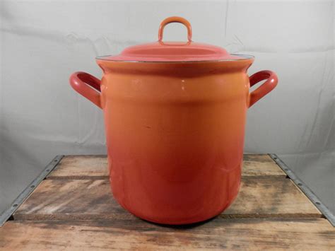 Vintage Enamel Stock Pot With Lid Flame Descoware Quart La Creuset