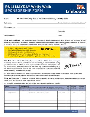 Fillable Online Rnlinorthampton RNLI MAYDAY Welly Walk SPONSORSHIP FORM