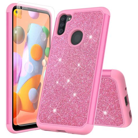 For Samsung Galaxy A11 With Tempered Glass Phone Case Glitter Shock Proof Edge Scratch Shield