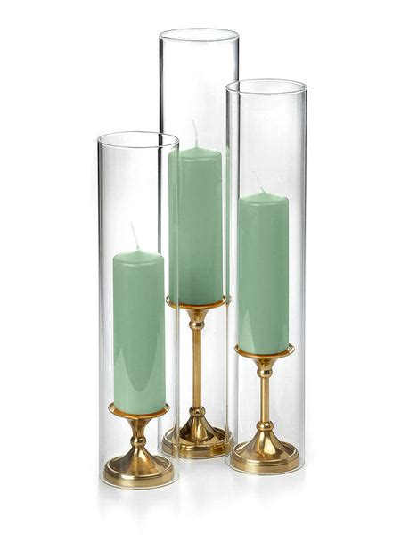 12 Slim Pillar Candles 12 Glass Chimneys And 12 Gold Timeless Pillar Holders Yummicandles